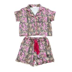 Simply Southern Pink Camo Pajama Set S Pink Ruffle Short Sleeve Loungewear Sleep